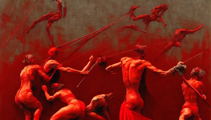 Prompt: only with red, gladiator battle in a crowded roman amphitheatre, crowd cheering, in the style of beksinski and edward hopper and rodcenko and yue minjun and cory loftis, intricate and epic composition, red by caravaggio, highly detailed, masterpiece, red light, artstation, art nouveau