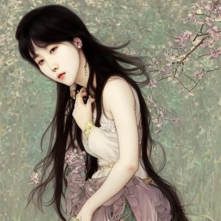 Prompt: IU, Korean Idol, KoreN Artist, very detailed, digital art, concept art, studio quality, ethereal, art style by Alphonse Mucha