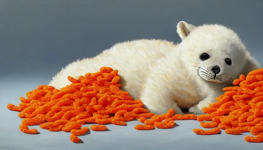 Prompt: highly detailed painting of cute furry white baby seals cuddling up in a big pile of wotsits and cheetos by william turner, thick brush strokes and visible paint layers, 4 k resolution