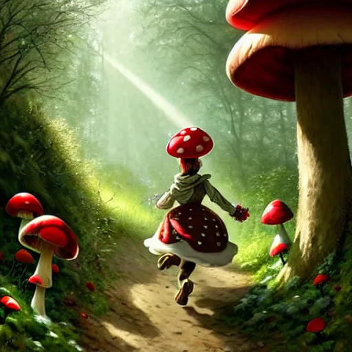 Image similar to portrait of Toad, running through a forest, in the Mushroom Kingdom, giant red and white spotted mushrooms, and roses, from behind, Castle in distance, birds in the sky, sunlight and rays of light shining through trees, beautiful, solarpunk!!!, highly detailed, digital painting by Michael Garmash and Peter Mohrbacher