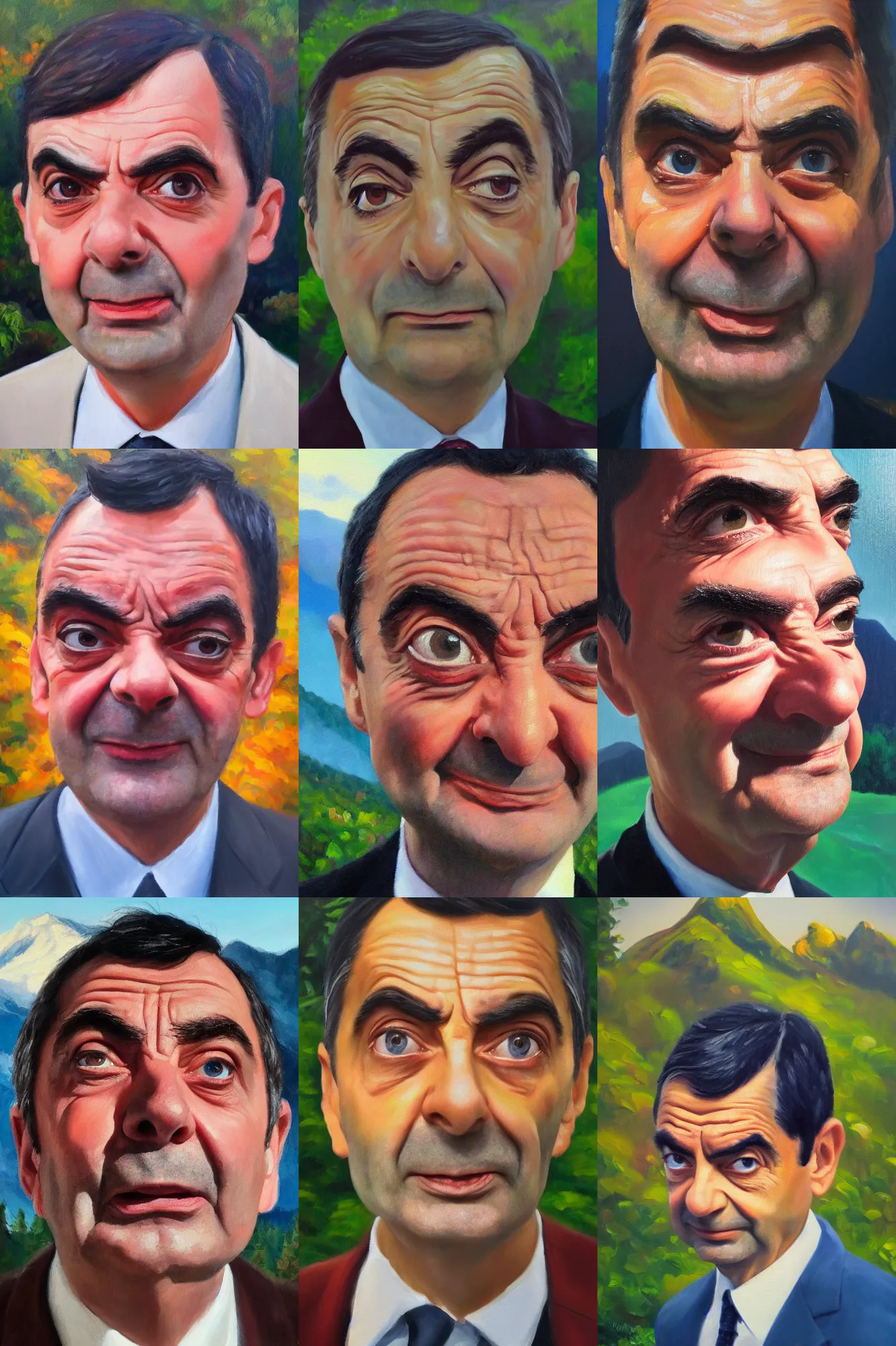 Prompt: up close portrait of mr bean, face, gorgeous lighting and composition, award winning oil painting, mountain forest in background