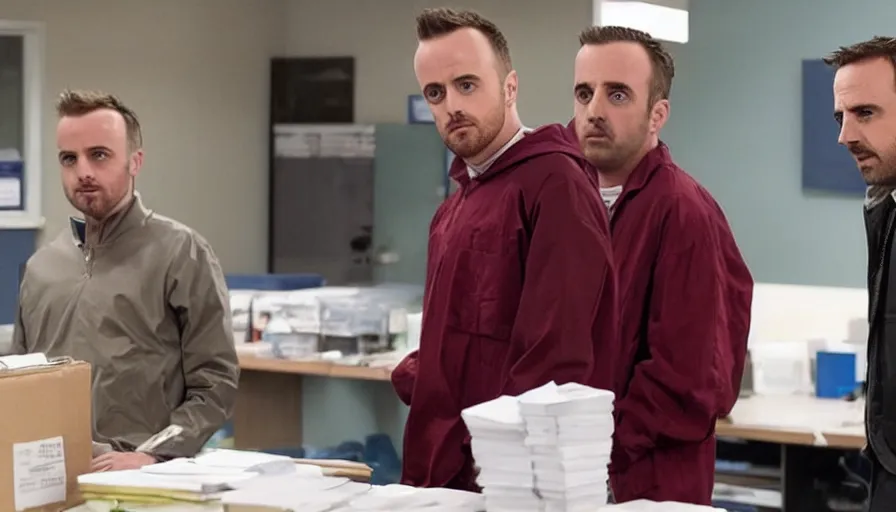 Prompt: still image of jessie pinkman from breaking bad selling drugs to michael scott form the office