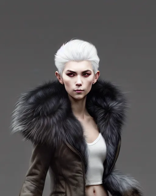 Image similar to dragon hunter wearing a fur - lined dragonhide jacket!!! beautiful and elegant white hair female!! symmetry, character concept art, sharp focus, illustration, artgerm!! greg rutkowski! wlop!! ilya kuvshinov!! charlie bowater! octane render, unreal engine 5! highly rendered!!