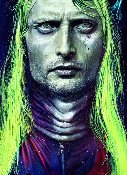 Image similar to a Demon Slayer portrait of Mads Mikkelsen, tall, pale-skinned, slender with lime green eyes and long eyelashes by Stanley Artgerm, Tom Bagshaw, Arthur Adams, Carne Griffiths, trending on Deviant Art, street art, face enhance, chillwave, maximalist, full of color, glittering