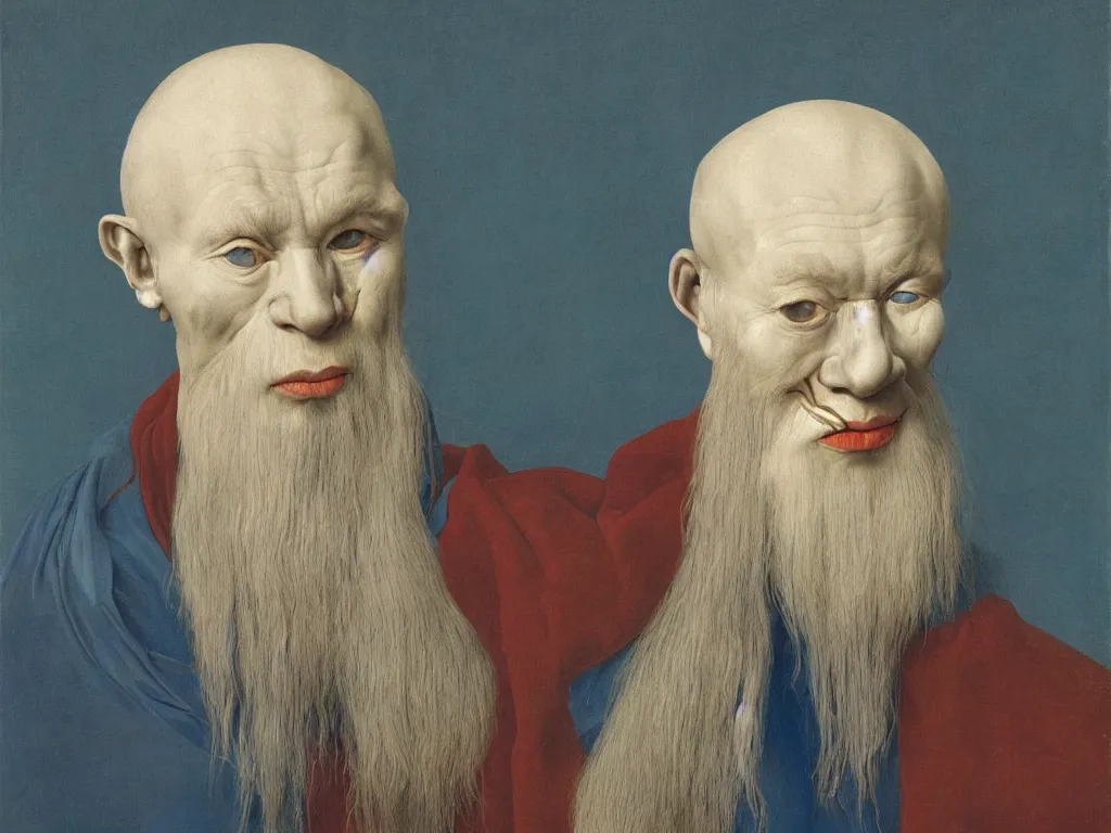 Image similar to Portrait of albino mystic with blue eyes, in the nasal cavity of an old man. Painting by Jan van Eyck, Audubon, Rene Magritte, Agnes Pelton, Max Ernst, Walton Ford