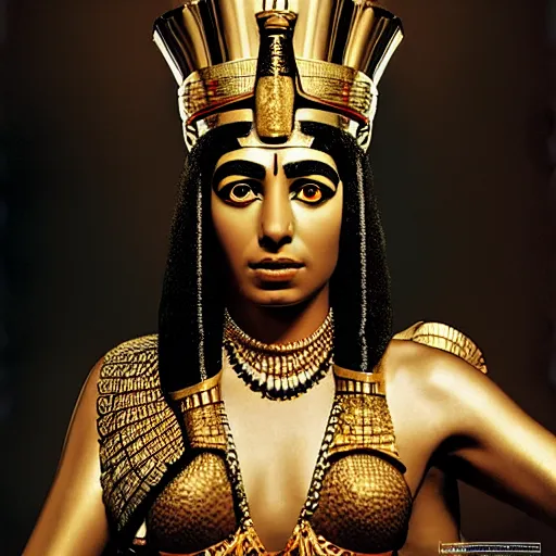 Image similar to Photo of Cleopatra, Queen of the Kingdom of Egypt, sitting on a throne, close-up, high detail, studio, ominous background, smoke, by Martin Schoeller