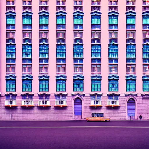 Image similar to Symmetric Wes Anderson film still in big city late at night. Establishing shot. Architecture. 8k resolution. Pastel. Sharp. Whimsical. Symmetry. Stunning.