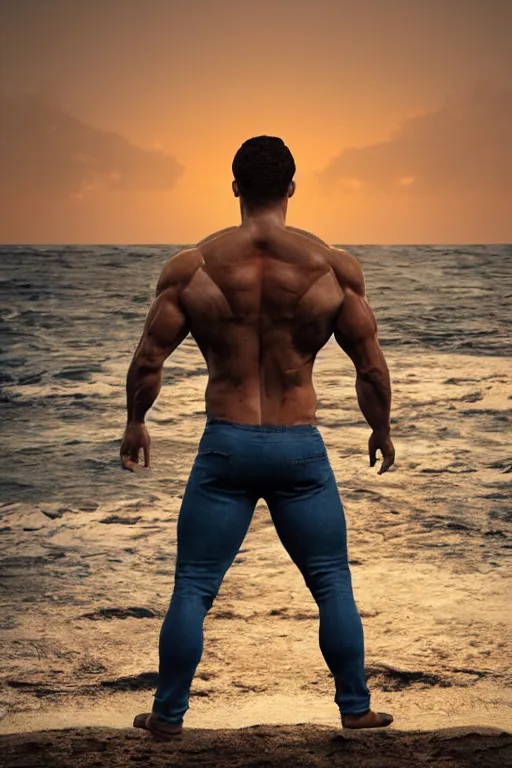 Image similar to a very muscular and defined man wearing ripped pants and shirt looking to the sea at sunset, godrays, complementary colors, natural lighting, portait image, path tracing, serene landscape, high quality, highly detailed, 8K, soft colors, warm colors, turbulent sea, high coherence, anatomically correct, hyperrealistic, concept art, defined face, five fingers