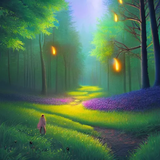 Image similar to fireflies in a forest inspired by Evgeny Lushpin,flower meadow,spring,cinematic,trending on ArtStation