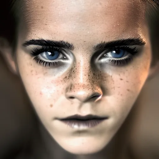 Image similar to Emma Watson, grungy, unkept hair, glowing eyes, modelsociety, wet from rain, radiant skin, huge anime eyes, bright on black, dramatic, studio lighting, perfect face, intricate, Sony a7R IV, symmetric balance, polarizing filter, Photolab, Lightroom, 4K, Dolby Vision, Photography Award