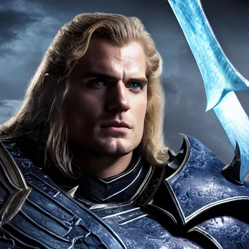 Prompt: Henry Cavill as Arthas Menethil in World of Warcraft, promo shoot, studio lighting