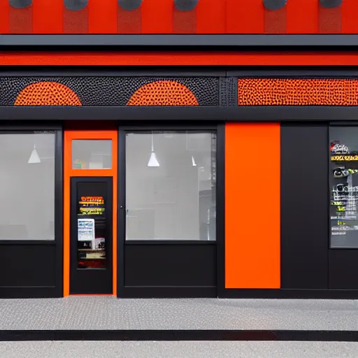 Prompt: Award winning shopfront, convenience store, dark grey, anthracite with bright red and orange accents, perforated metal, paint, laser cut textures, highly detailed, bright signage, vinyl on glazing, retaildesignblog.net, retail-focus.co.uk, trending, best of, 14mm architectural photography,