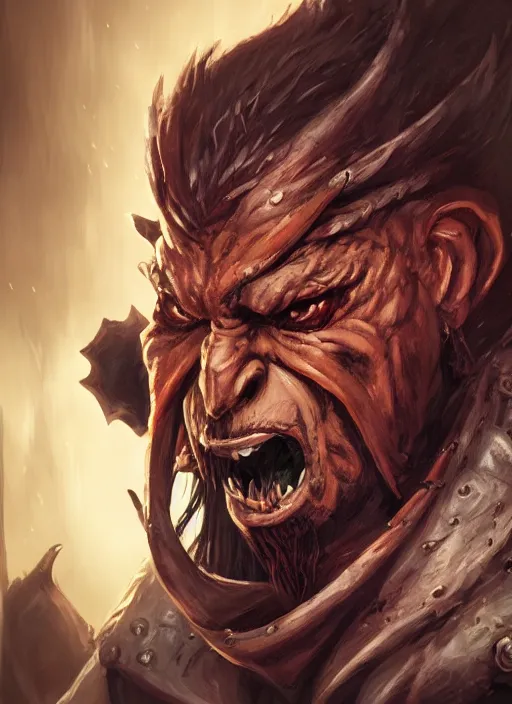 Prompt: A fantasy comic book style portrait painting of a hobgoblin as a brutal epic warrior in a atmospheric dark fortress, unreal 5, DAZ, hyperrealistic, octane render, RPG portrait, ambient light, dynamic lighting