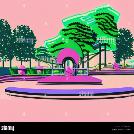 Prompt: art deco vaporwave illustration of a park with trees and benches, in a futuristic pastel city