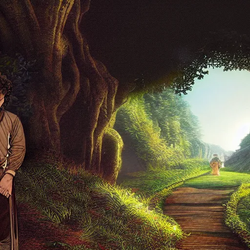 Prompt: frodo baggins in the shire In the style of moebius, detailed 4k photograph