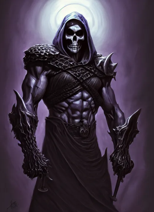 Prompt: skeletor, as a brooding figure of the dark caught in the never - ending push and pull between good and evil diffuse lighting, fantasy, intricate, highly detailed, lifelike, photorealistic, digital painting, artstation, illustration, concept art, smooth, sharp focus, art by john collier and albert aublet and krenz cushart