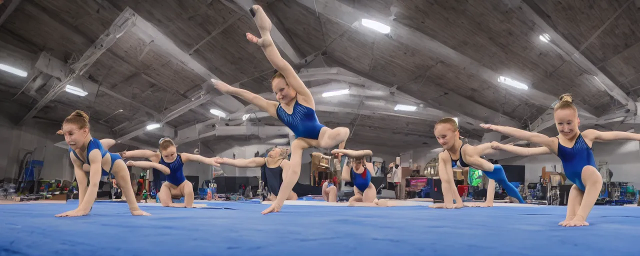 Image similar to team of gymnasts dodging laser beams, wide angle shot, 8k