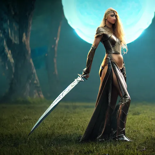 Prompt: full - body shot, cinematic movie image, beautiful hot elven female mage with a shield and a sword, ultra - hd, hcl, 1 2 - bit, ar, volumetric lighting, screen space global illumination, opaque, optics, lumen reflections, vfx, insanely detailed and intricate