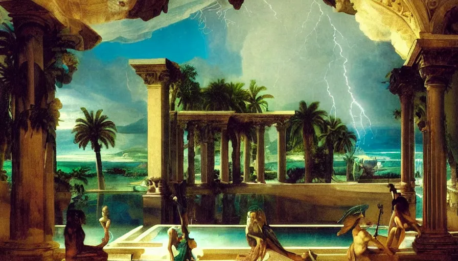 Prompt: Inside the Palace of the occult, mediterranean balustrade and columns, refracted sparkles, thunderstorm, greek pool, beach and Tropical vegetation on the background major arcana sky and occult symbols, by paul delaroche, hyperrealistic 4k uhd, award-winning, very detailed paradise