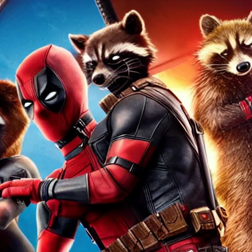 Image similar to deadpool and rocket raccoon together 4 k detailed super realistic