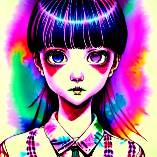 Image similar to amazingly detailed art illustration of a beautiful young woman, with morbid thoughts, wearing a tie-dye shirt, short shorts, with short hair with bangs, she is the queen of sharp needles, under the effect of psychosis and euphoria, by Range Murata, Katsuhiro Otomo, Yoshitaka Amano, and Artgerm. 3D shadowing effect, 8K resolution.
