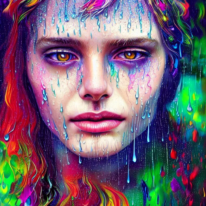 Image similar to bright psychedelic portrait with rain on face and wet hair, wings, smiling, diffuse lighting, fantasy, intricate, elegant, highly detailed, lifelike, photorealistic, digital painting, artstation, illustration, concept art, smooth, sharp focus, art by John Collier and Albert Aublet and Krenz Cushart and Artem Demura and Alphonse Mucha