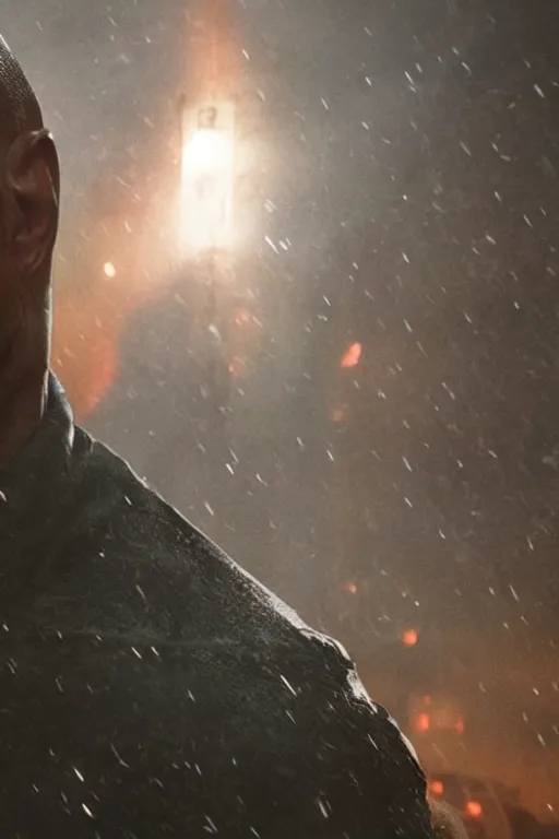 Image similar to An epic cinematic film still of Dwayne Johnson in the movie Blade Runner: 2049.