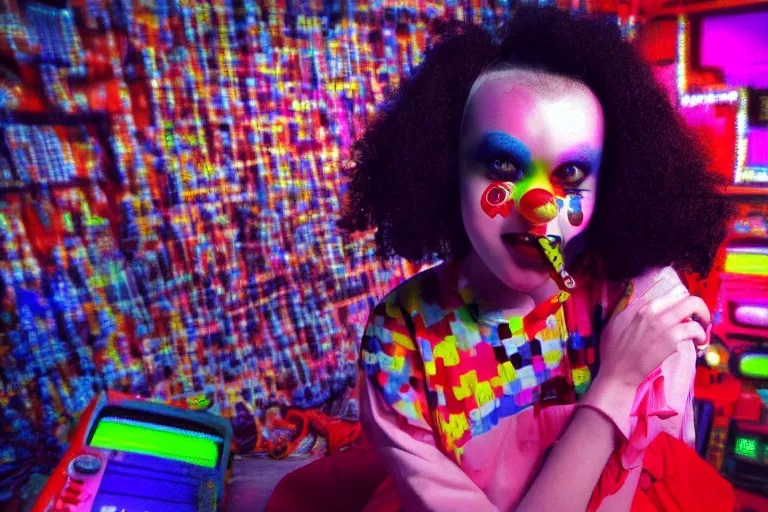 Prompt: cute clowngirl in clowncore cyberspace, fractal, in 2 0 5 5, y 2 k cutecore clowncore, bathed in the glow of a crt television, crt screens in background, low - light photograph, in style of tyler mitchell