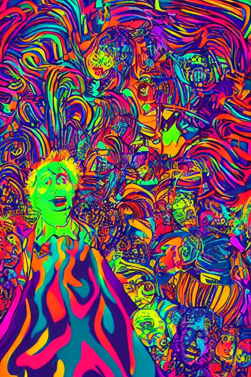 Prompt: 8k detailed psychedelic abstract neon illustration of a gene wilder willywonka projecting his dreams