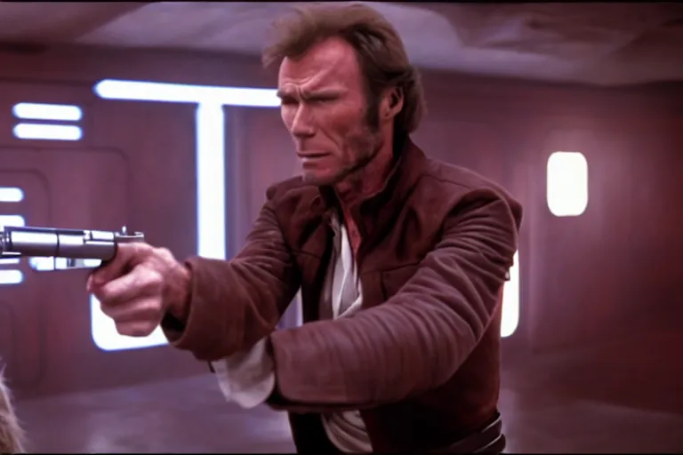 Prompt: film still of clint eastwood man with no name as han solo aiming a colt gun in new star wars, inside a tavern, 4 k