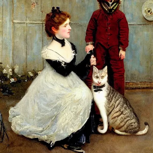 Image similar to young victorian lady in ball gown trying to pet a distressed cat, painted by alfred stevens