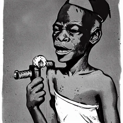 Image similar to an african boy from the movie tank girl, by jamie hewlett and sawoozer and roger ballen,