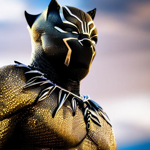 Image similar to a close up photo of a detailed golden statue of Black Panther, 8K,