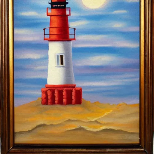 Image similar to oil painting of little lighthouse on the moon