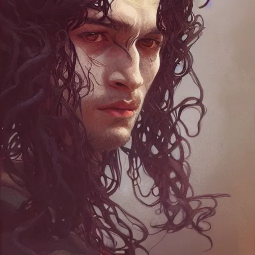 Prompt: young man with long curly brown hair and blood dripping down his face , face, detailed, intricate, elegant, highly detailed, digital painting, artstation, concept art, smooth, sharp focus, illustration, art by Krenz Cushart and Artem Demura and alphonse mucha