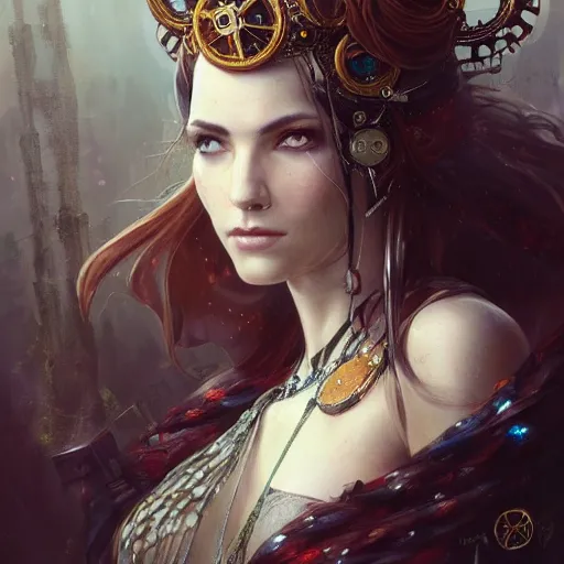 Prompt: a beautiful portrait of a steampunk goddess, a detailed painting by greg rutkowski and raymond swanland, featured on cgsociety, fantasy art, detailed painting, artstation hd, photorealistic