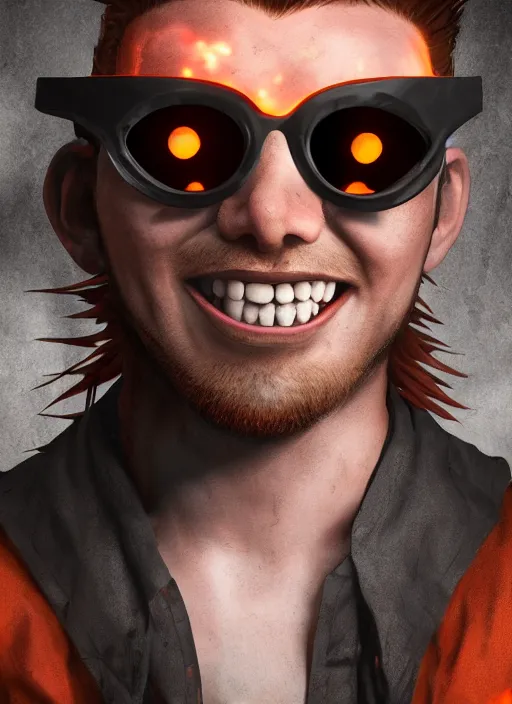 Image similar to An epic fantasy comic book style portrait painting of young man with red spiked long hair, using an orange lens googles. Wearing a black waistcoat, white shirt. He is with a vicious smile in face. Unreal 5, DAZ, hyperrealistic, octane render, cosplay, RPG portrait, dynamic lighting