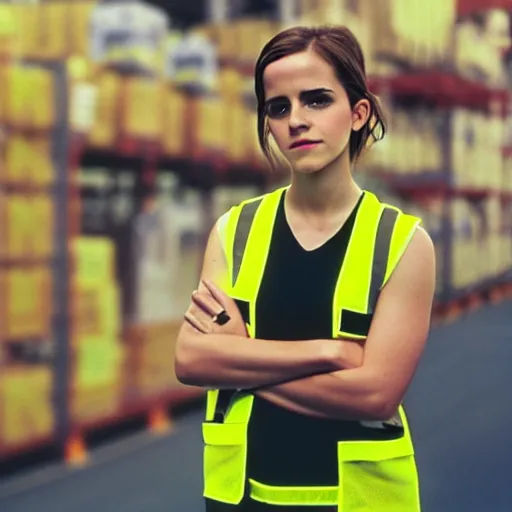 Image similar to photo, close up, emma watson in a hi vis vest, in amazon warehouse, portrait, kodak gold 2 0 0,