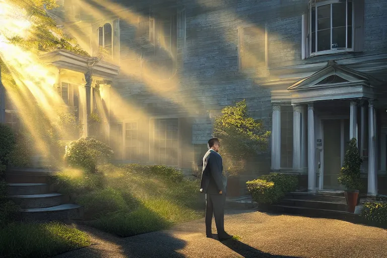 Prompt: business man smoking herb on the front stoop by marc adamus, morning, mist, smoke, rays of light, beautiful