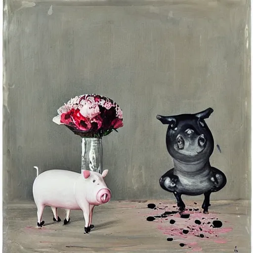 Image similar to “pig paintings and pig sculptures in a pig art gallery, pork, ikebana white flowers, white wax dripping, squashed raspberry stains, acrylic and spray paint and oilstick on canvas, by munch and Dali”