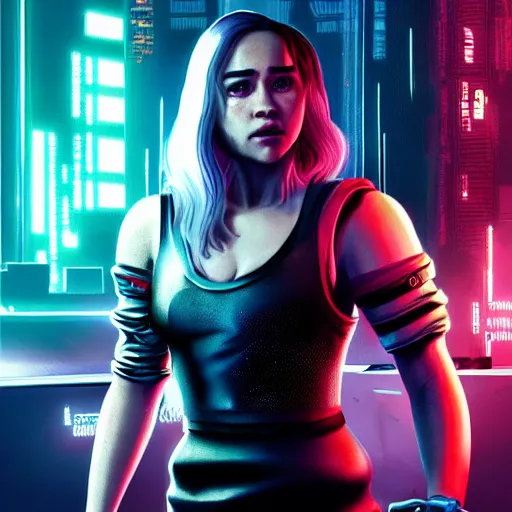 Prompt: Emilia Clarke in Cyberpunk 2077, 4k detailed artstation image, video game poster