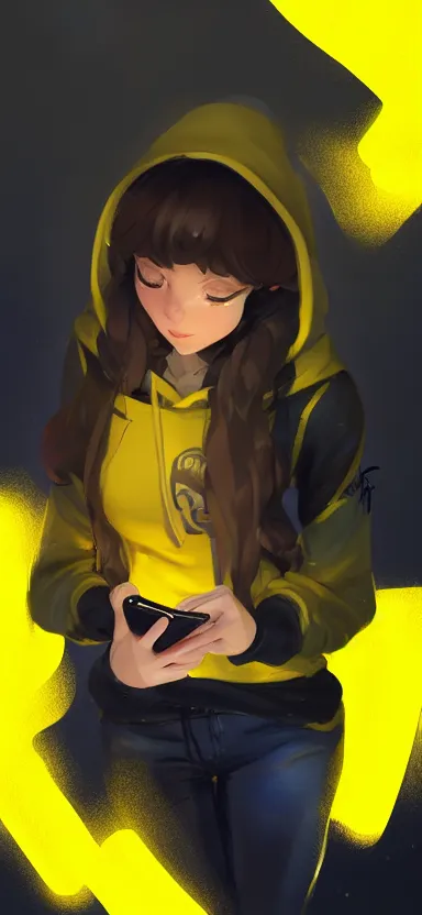 Image similar to a vtuber model concept art of a beautiful girl in a black and yellow hoodie typing in an iphone, full body art, artstation, digital art, smiling face, commission art, style by jordan grimmer and greg rutkowski, 4 k resolution