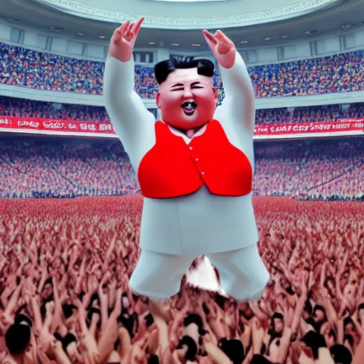 Image similar to kim jong un doll screaming at bts concert octane render