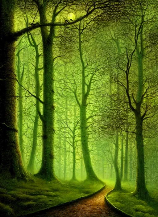 Image similar to lush forest, high detail, 4 k, surrealism style by john atkinson grimshaw, artstation