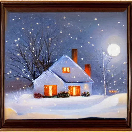 Image similar to oil painting of a small house on a snowy night, christmas lights, full moon