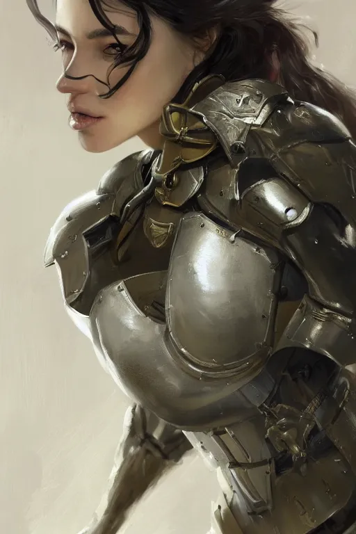 Prompt: a finely detailed painting of an attractive young woman, clothed in military-style battle armor, olive skin, long dark hair, beautiful bone structure, symmetrical facial features, intricate, elegant, digital painting, trending on Artstation, concept art, smooth, sharp focus, illustration, from Metal Gear by Ruan Jia and Mandy Jurgens and Artgerm and William-Adolphe Bouguerea, award winning