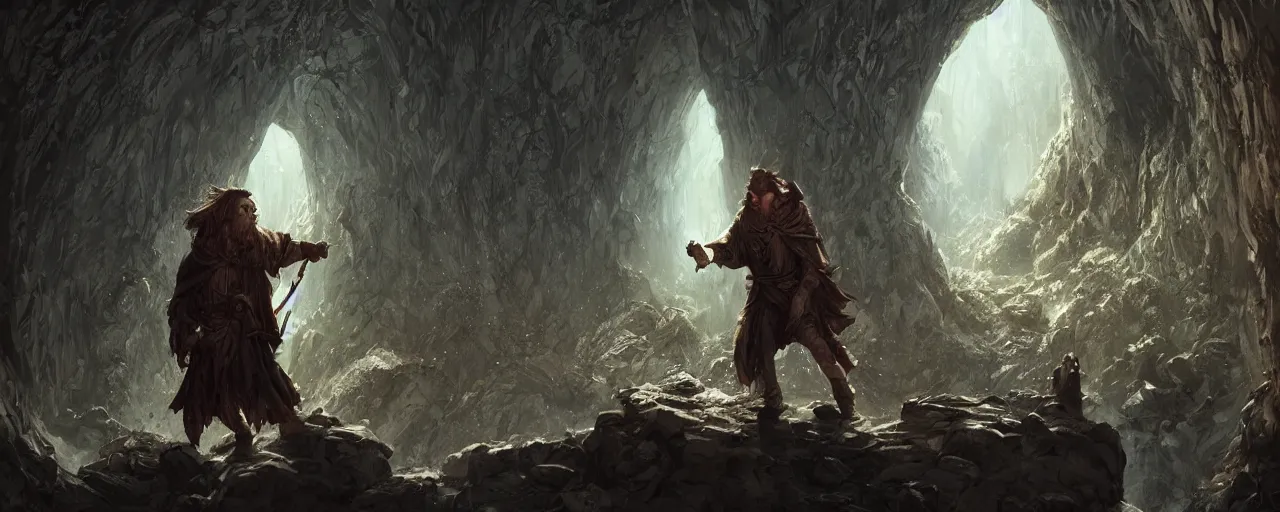 Prompt: a handsome old wizard standing in a giant cave casting a spell, D&D, fantasy, intricate, cinematic lighting, highly detailed, digital painting, artstation, concept art, smooth, sharp focus, illustration, art by Terry Moore and Greg Rutkowski