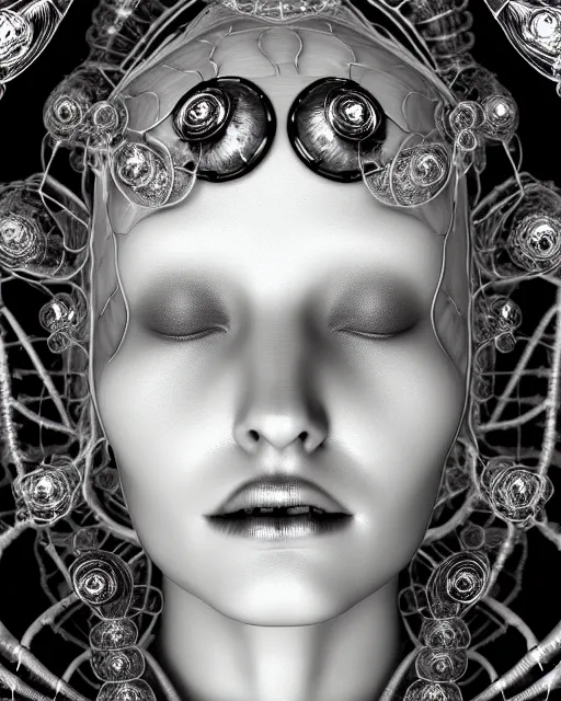 Image similar to mythical dreamy black and white organic bio - mechanical spinal ribbed profile face portrait detail of translucent steampunk beautiful female angelic - human - queen - vegetal - cyborg, highly detailed, intricate crystal ivy jelly ornate, poetic, translucent roses ornate, 3 d render, digital art, octane render, 8 k artistic photography, photo - realistic, by dora maar