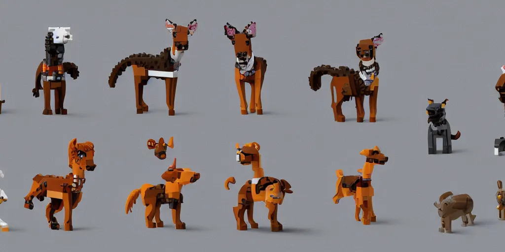 Prompt: animals made of lego bricks, four legged, quadrupedal, cute looking, kawaii, sharp focus, character sheet, game concept art