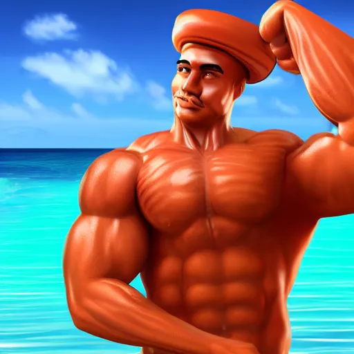 Prompt: render of muscular pizza man, beach background